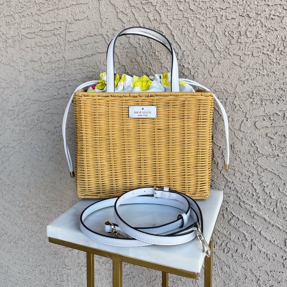 KATE SPADE Wicker Rattan Lemon Zest Printed Woven Picnic Satchel Box Bag - Picture 9 of 16